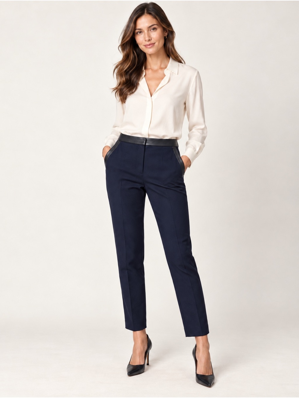 Tory Burch Christy Navy Wool Leather Trim Ankle Pants Size 2